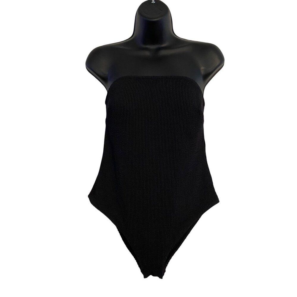 H & M Women’s M Strapless Swimsuit Black Ribbed Textured Padded Beach Lounge